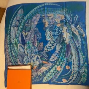 Never used Hermes Turquoise Plumes En Fete Scarf w/ tag.  Gift Box included.